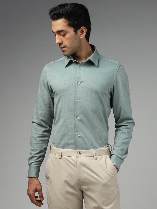 WES Formals Solid Light Green Slim Fit Shirt