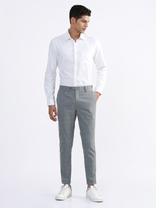 WES Formals Checked Grey Slim-Fit Mid-Rise Trousers