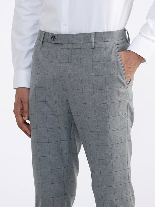 WES Formals Checked Grey Slim-Fit Mid-Rise Trousers