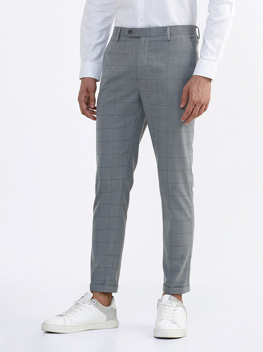 WES Formals Checked Grey Carrot Fit Trousers