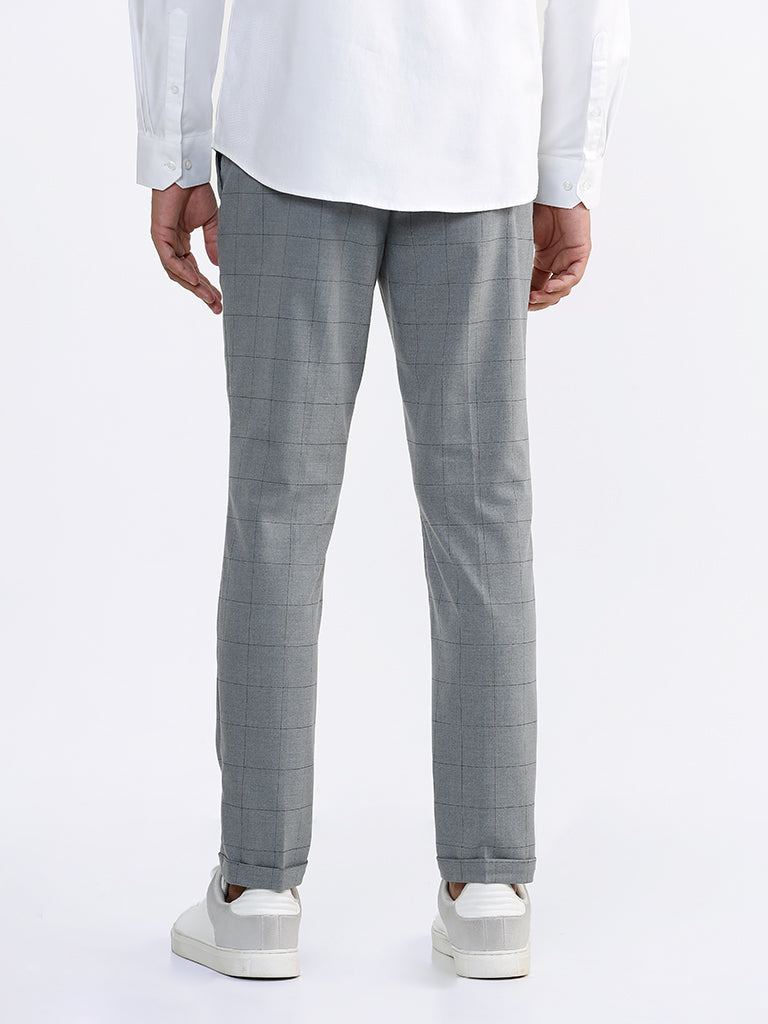 WES Formals Checked Grey Carrot Fit Trousers