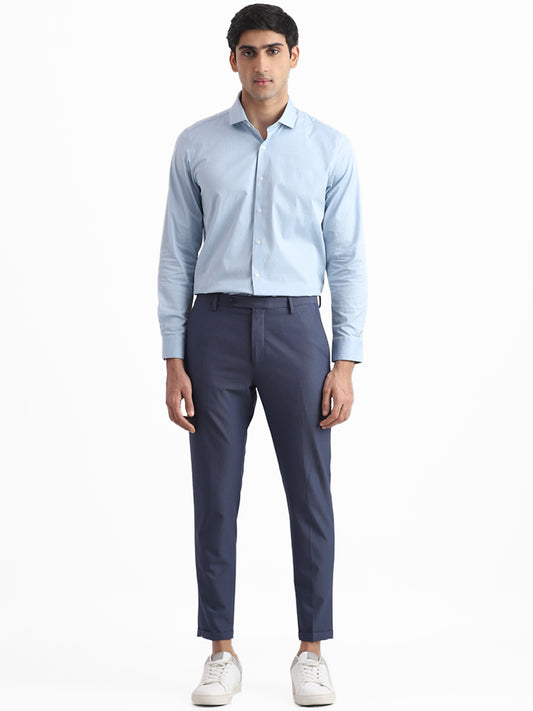WES Formals Checked Mid Blue Slim-Fit Mid-Rise Trousers