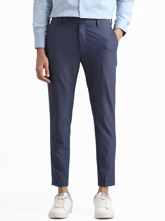 WES Formals Checked Mid Blue Slim Fit Trousers