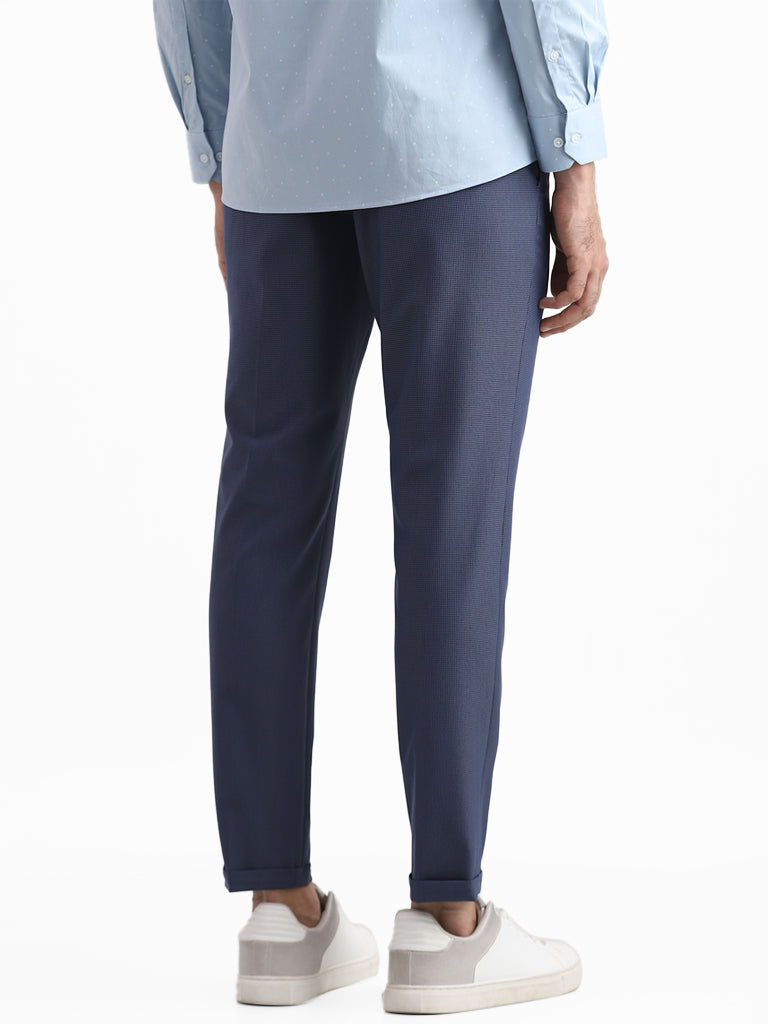 WES Formals Checked Mid Blue Slim Fit Trousers