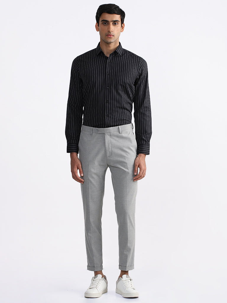 WES Formals Checked Slim Fit Light Grey Trousers