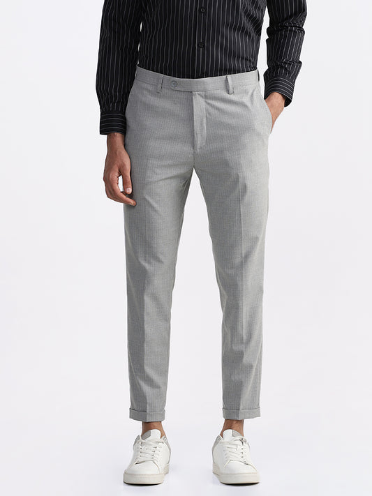 WES Formals Checked Slim Fit Light Grey Trousers