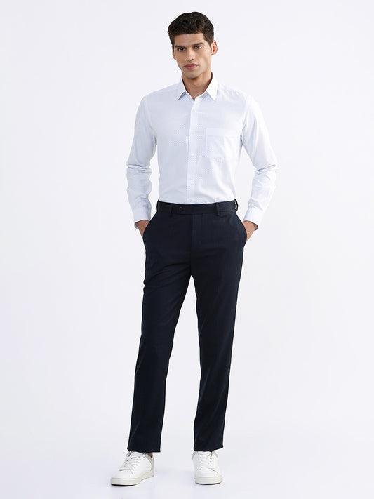 WES Formals Plain Navy Blue Slim Fit Trousers