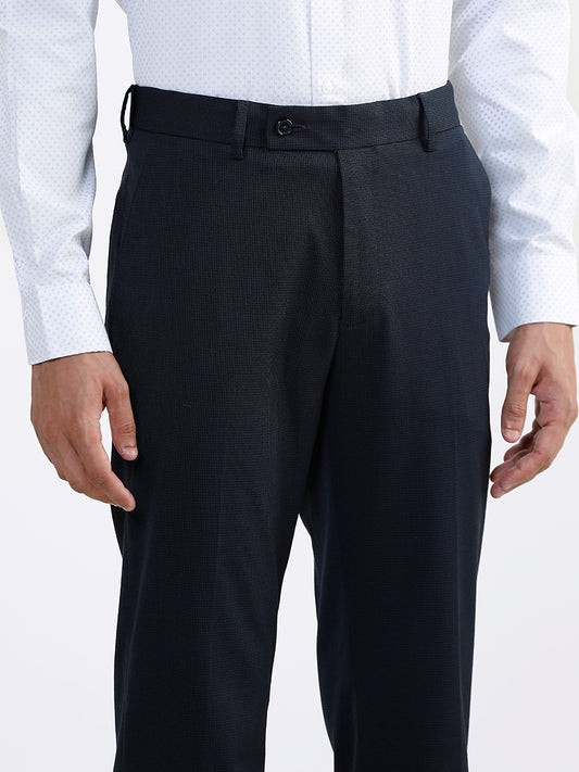 WES Formals Plain Navy Slim-Fit Mid-Rise Trousers