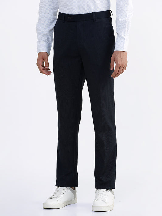 WES Formals Plain Navy Blue Slim Fit Trousers