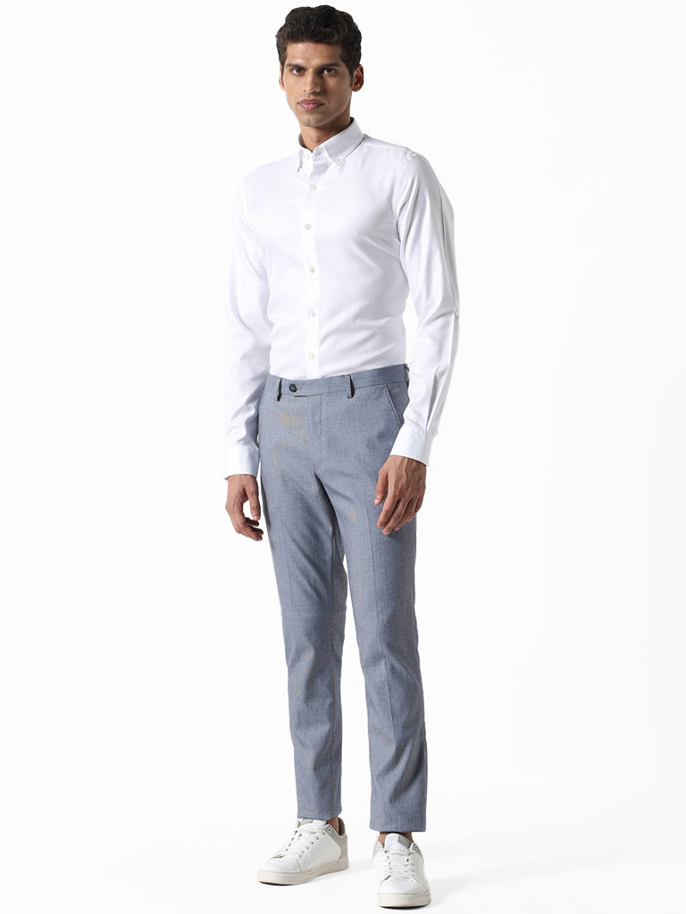 WES Formals Solid Navy Blue Slim Fit Trousers