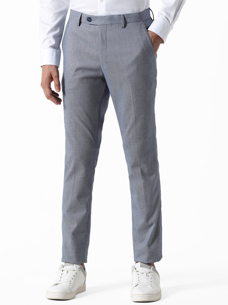 WES Formals Solid Navy Blue Slim Fit Trousers