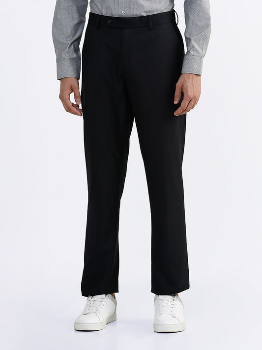 WES Formals Plain Navy Relaxed-Fit Mid-Rise Trousers