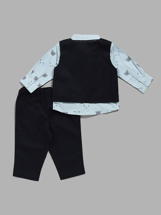 HOP Baby Light Blue Shirt & Navy Waistcoat, Trousers & Bow
