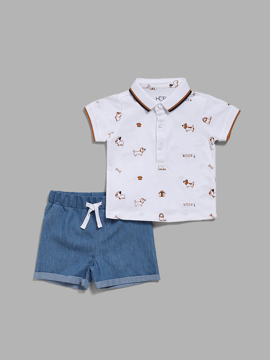 HOP Baby White Puppy Embroidered Polo T-Shirt & Denim Shorts Set