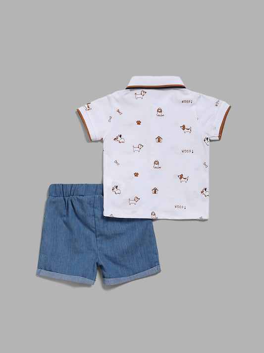 HOP Baby White Puppy Embroidered Polo T-Shirt & Denim Shorts Set