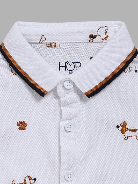 HOP Baby White Puppy Embroidered Polo T-Shirt & Denim Shorts Set