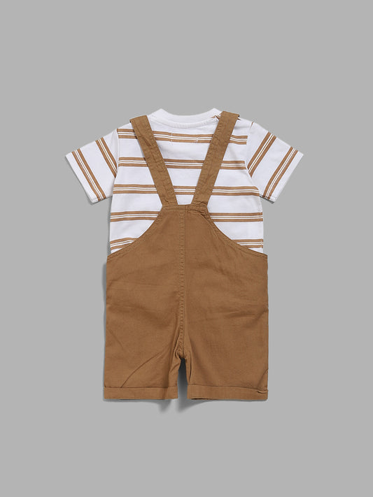 HOP Baby Tan Striped T-Shirt & Dog Printed Dungaree Shorts Set