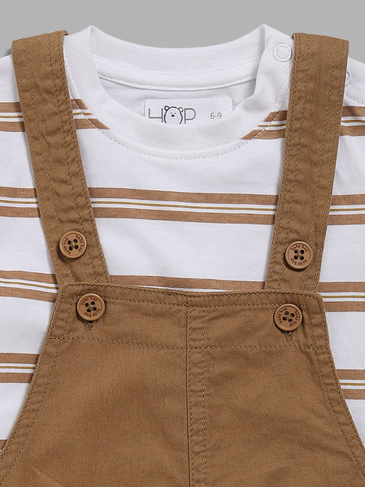 HOP Baby Tan Striped T-Shirt & Dog Printed Dungaree Shorts Set