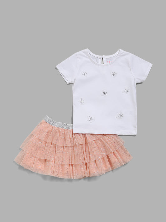HOP Baby White T-Shirt & Peach Tutu Skirt Set