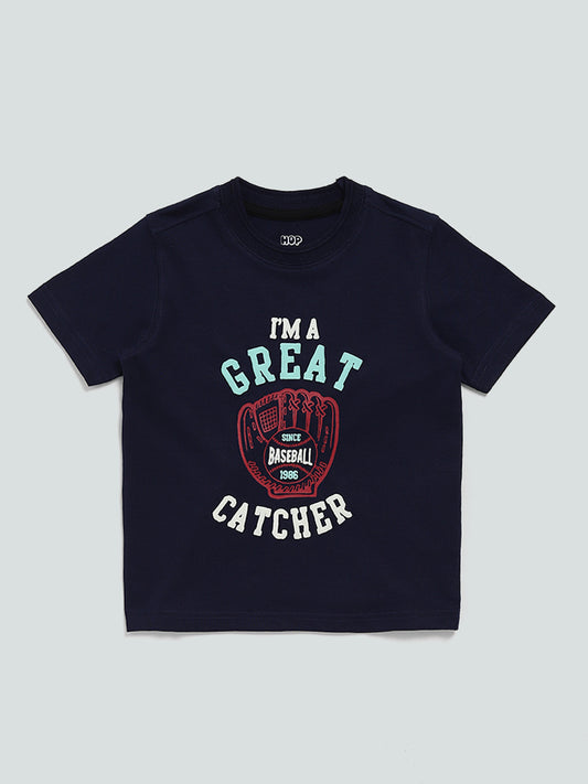 HOP Kids Navy Typographic Printed Catch T-Shirt
