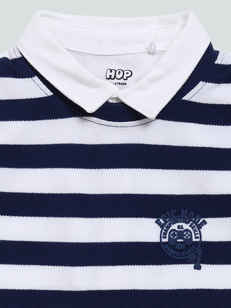 HOP Kids Striped Navy Blue Printed T-Shirt