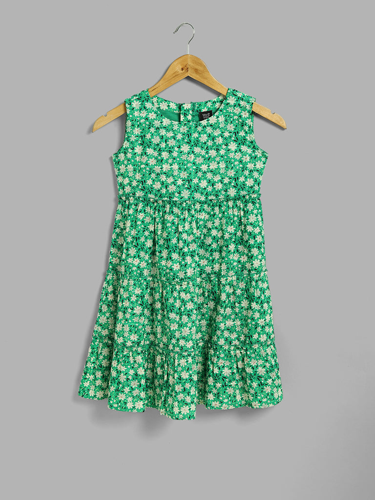 Y&F Kids Green Floral Printed Tiered Dress