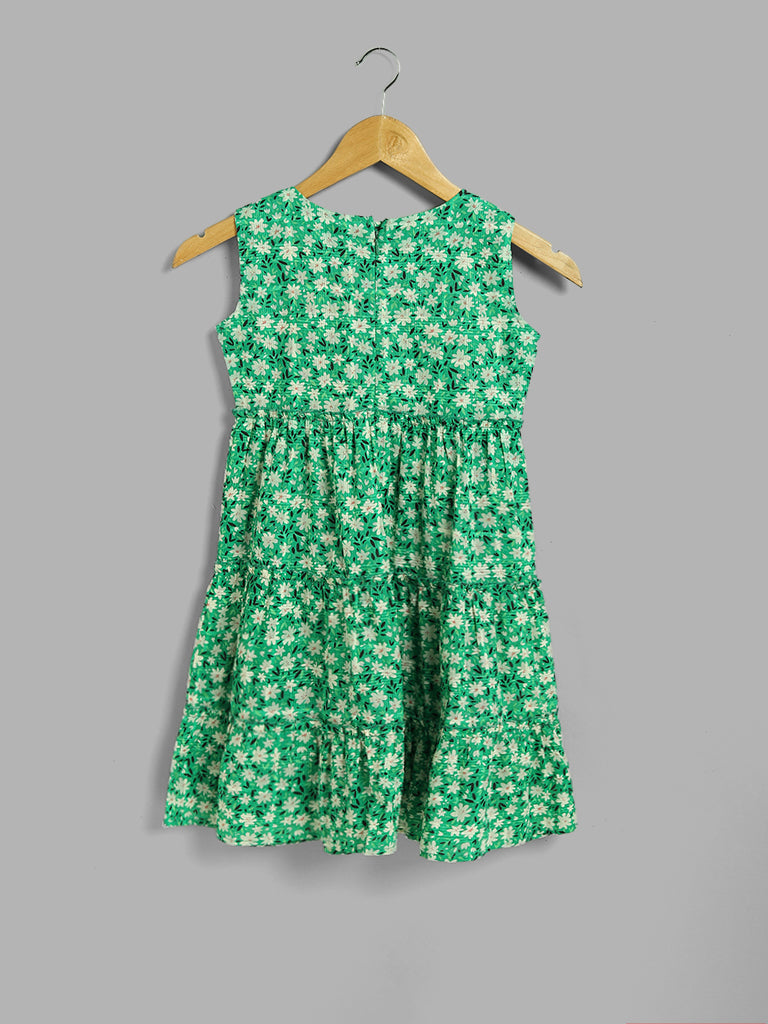 Y&F Kids Green Floral Printed Tiered Dress