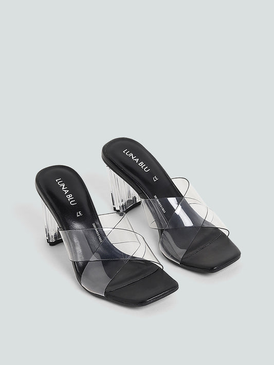 LUNA BLU Plain Cross Band Vinyl Black Heels