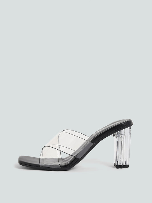 LUNA BLU Plain Cross Band Vinyl Black Heels