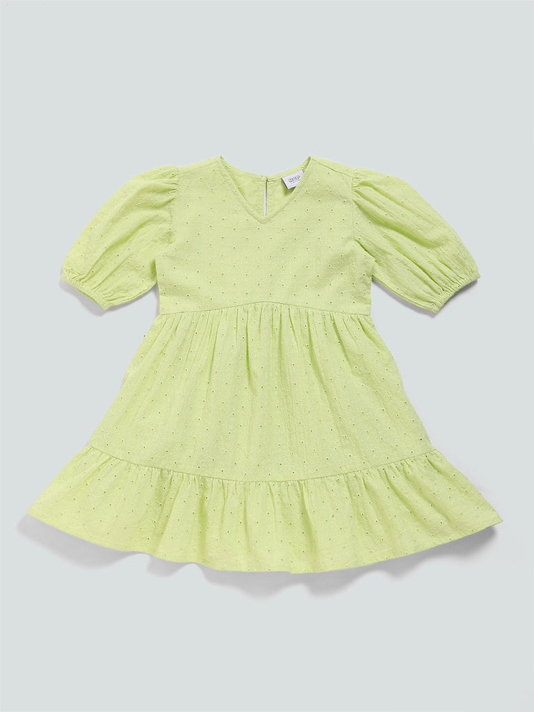 HOP Kids Cut Work Embroidered Lime Green Dress
