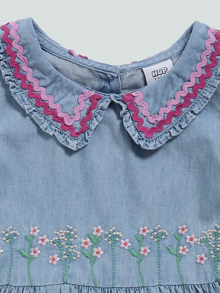 HOP Kids Blue Light Wash Floral Embroidered Tiered Dress