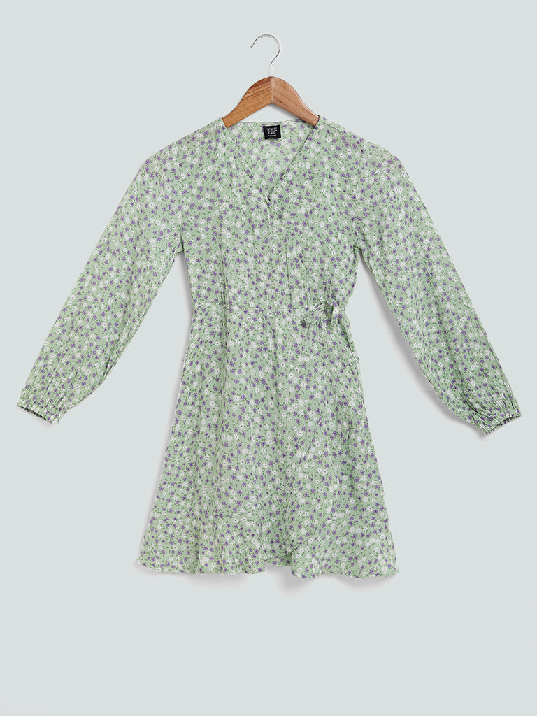 Y&F Kids Floral Printed Green Dress