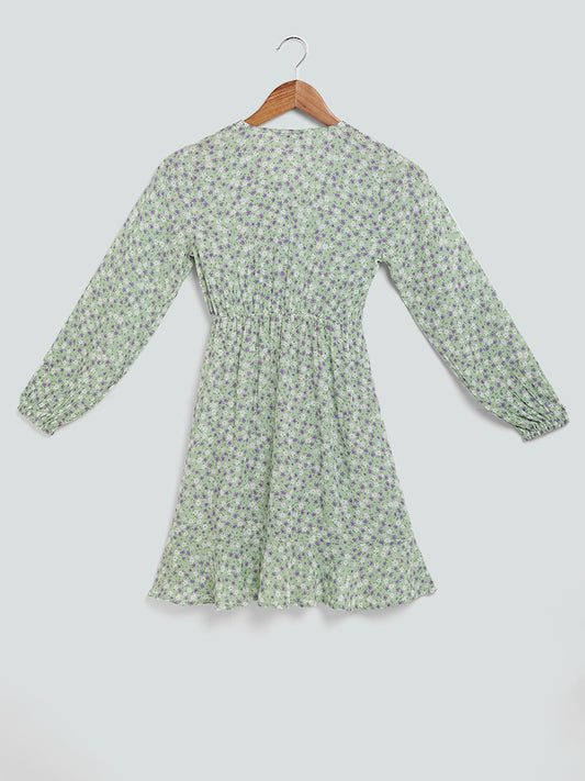 Y&F Kids Floral Printed Green Dress