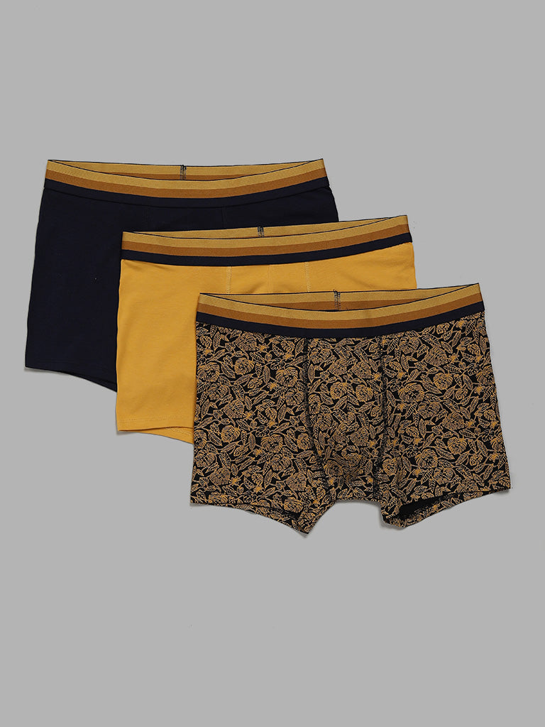 WES Lounge Print & Solid Mustard Cotton Blend Trunks - Pack of 3