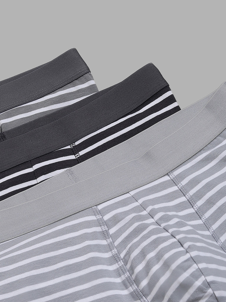 WES Lounge Grey Striped Relaxed Fit Trunks - Pack of 3