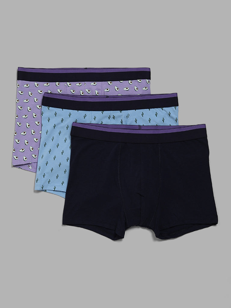 WES Lounge Lilac Printed Cotton Blend Relaxed Fit Trunks - Pack of 3