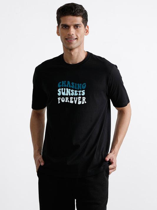 WES Lounge Printed Black Relaxed Fit T-Shirt