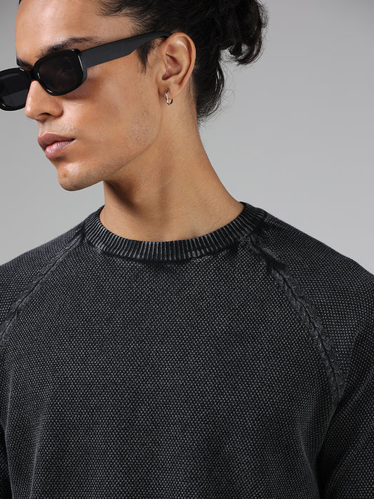 ETA Charcoal Black Self-Textured Slim Fit T-Shirt