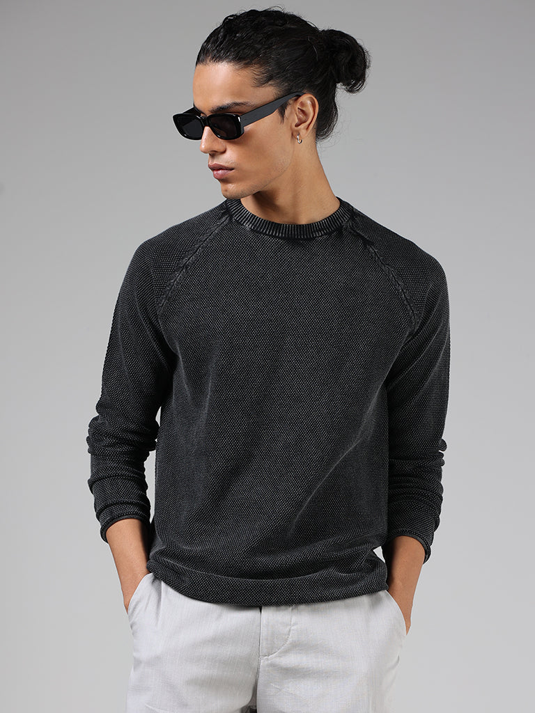ETA Charcoal Black Self-Textured Slim Fit T-Shirt