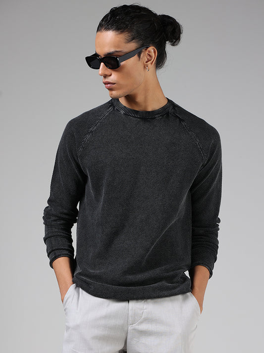 ETA Charcoal Black Self-Textured Cotton Slim Fit T-Shirt