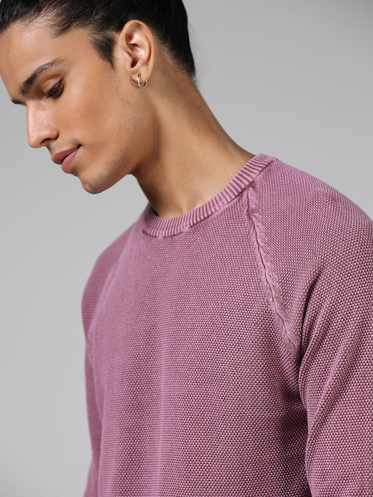 ETA Dark Pink Self-Textured Cotton Slim Fit T-Shirt