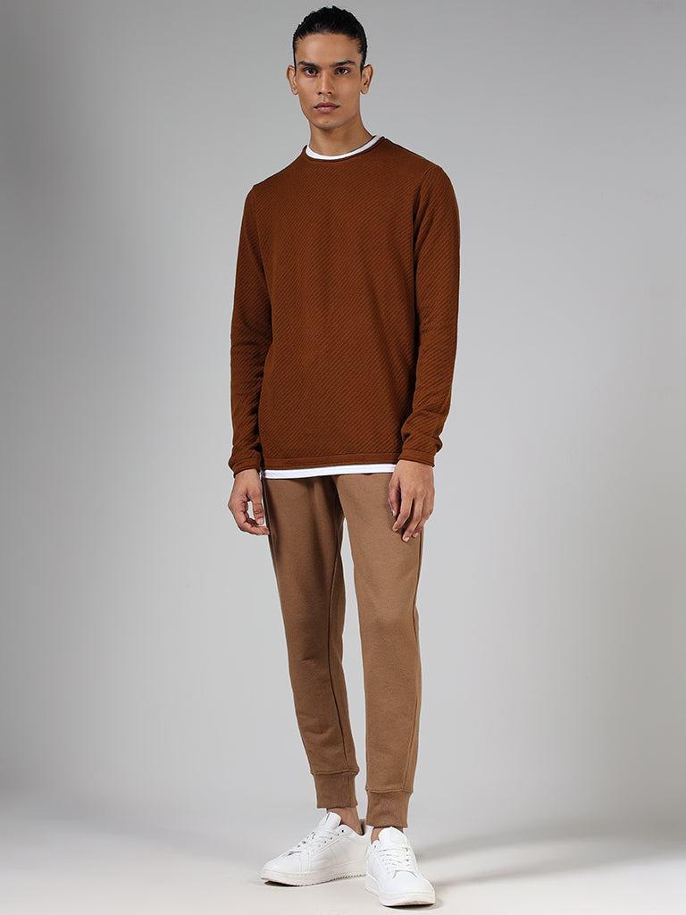 ETA Tobacco Brown Stripe-Textured Cotton Slim Fit T-Shirt