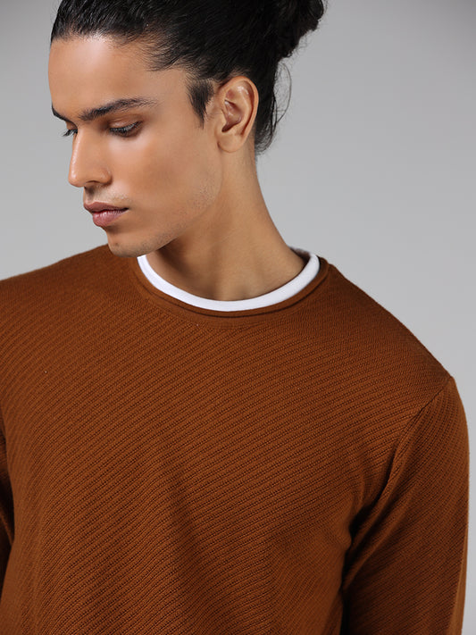 ETA Tobacco Brown Stripe-Textured Slim Fit T-Shirt