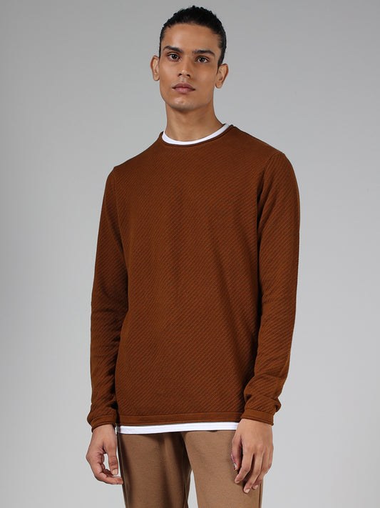 ETA Tobacco Brown Stripe-Textured Slim Fit T-Shirt