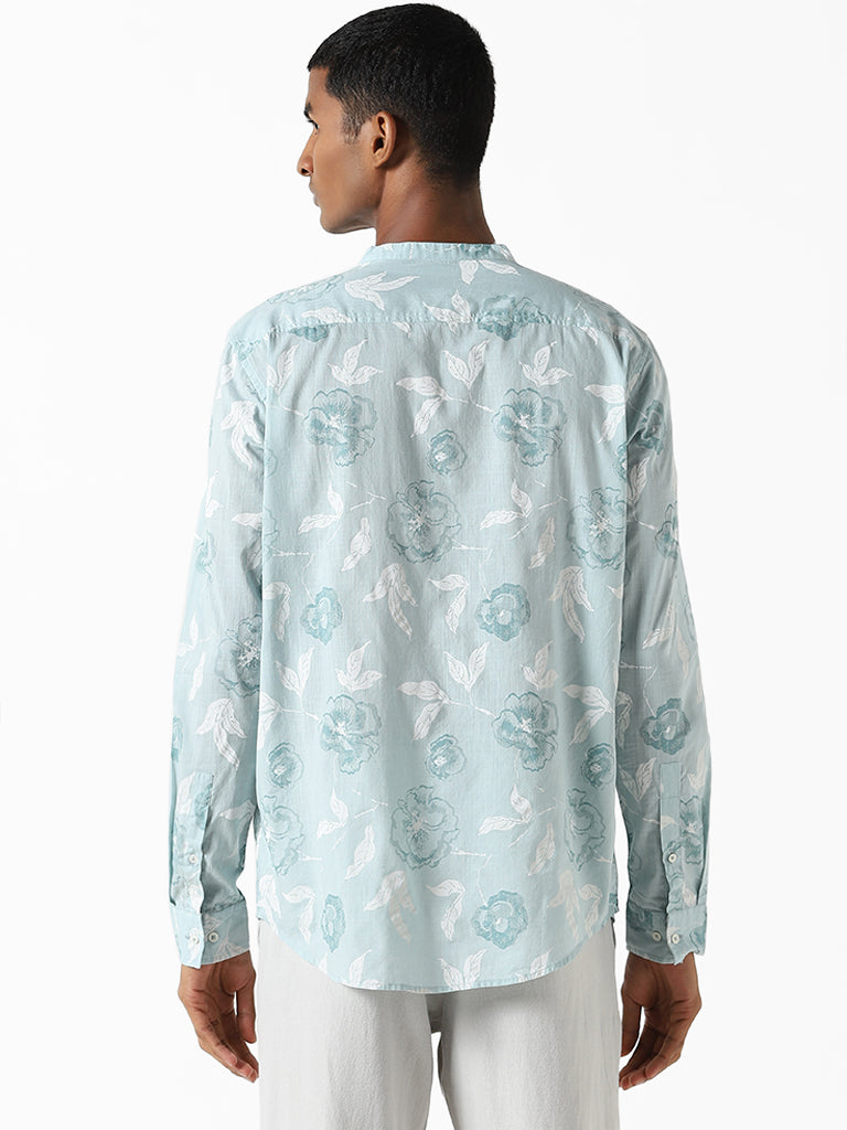 ETA Light Teal Printed Floral Resort Fit Shirt