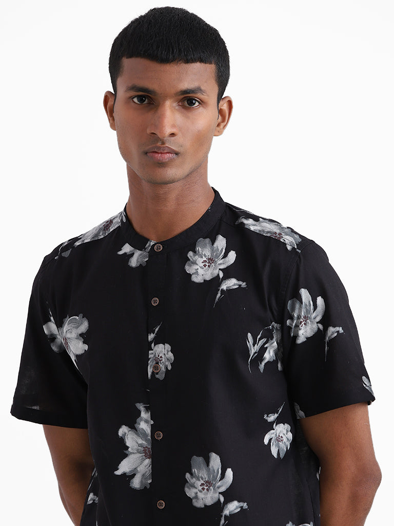 ETA Black Floral Printed Rambo Resort Fit Shirt