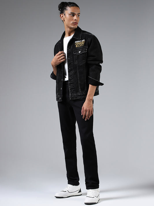 Nuon Black Printed Relaxed-Fit Denim Jacket