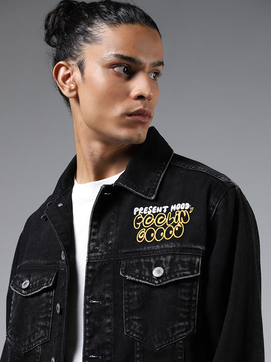 Nuon Black Printed Relaxed Fit Denim Jacket