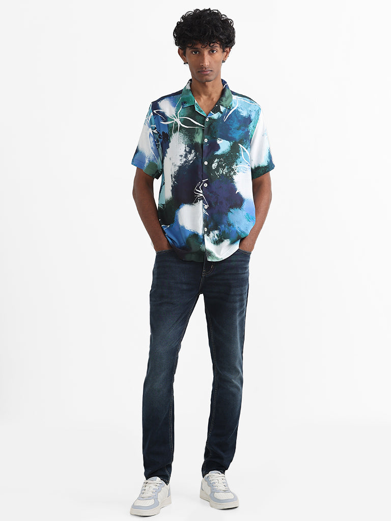 Nuon Navy Blue and White Multicolored Printed Relaxed Fit Shirt
