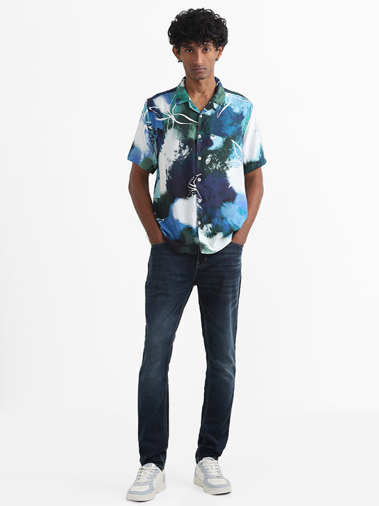 Nuon Navy Blue and White Multicolored Printed Relaxed-Fit Shirt